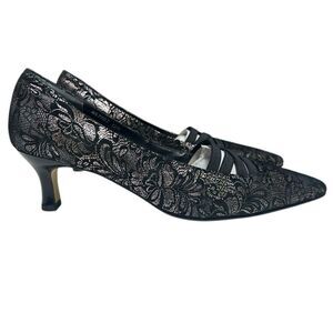 Fine Leather Rose Petals Black Lace Heels Size 12 Narrow Black Silver Patterned